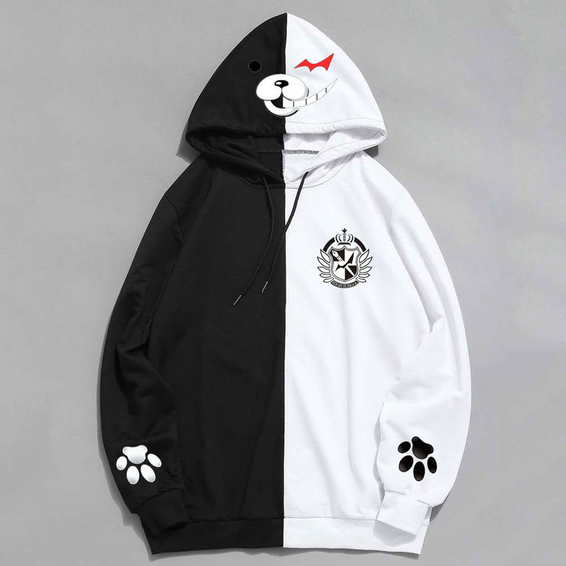 Cosplay Sweatshirt with Black and White Bear Design, Everyday Style, Spring/Summer Thin Long-Sleeve Hooded Patchwork Sweatshirt Top Cosplay Sweatshirt with Black and White Bear Design, Everyday Style, Spring/Summer Thin Long-Sleeve Hooded Patchwork Sweatshirt Top