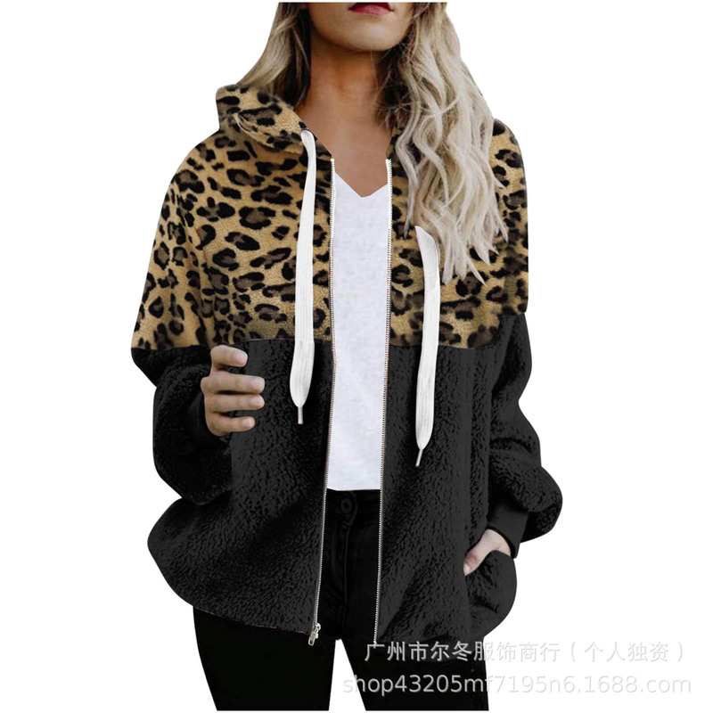 2024 Cross-Border Autumn and Winter Amazon Leopard Print Plaid Patchwork Zipper Jacket Plush Cardigan Sweatshirt Color-Block Animal Print