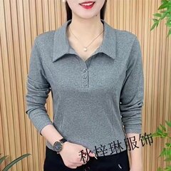 生放送金2024早秋ファッション洋気精選純色襟刺繍長袖百合痩せtシャツ女性ママ