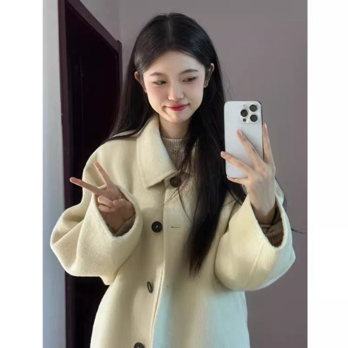 娃娃领黄色呢子大衣女装2025秋冬新款韩版加厚中长款双面毛呢外套|undefined