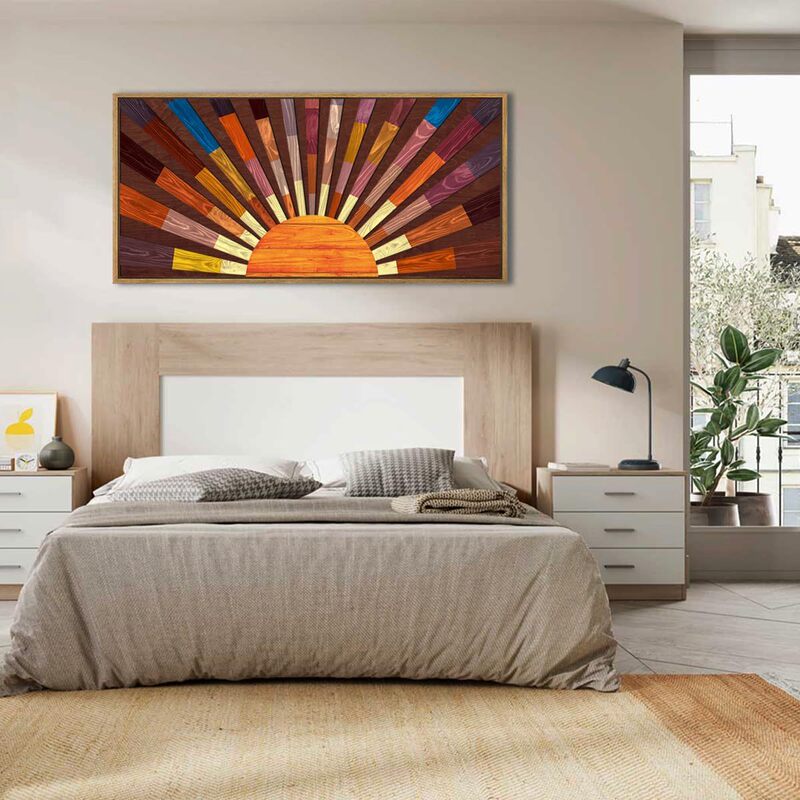 Vintage Decorative Wall Art Featuring Sunrise, Leaves, Potted Plants, Vase, Rectangular Wooden Wall Stickers, and Wooden Decorations