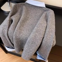 2025秋冬新款女式毛衣衬衫领假两件针织衫女装外套长袖套头上衣
