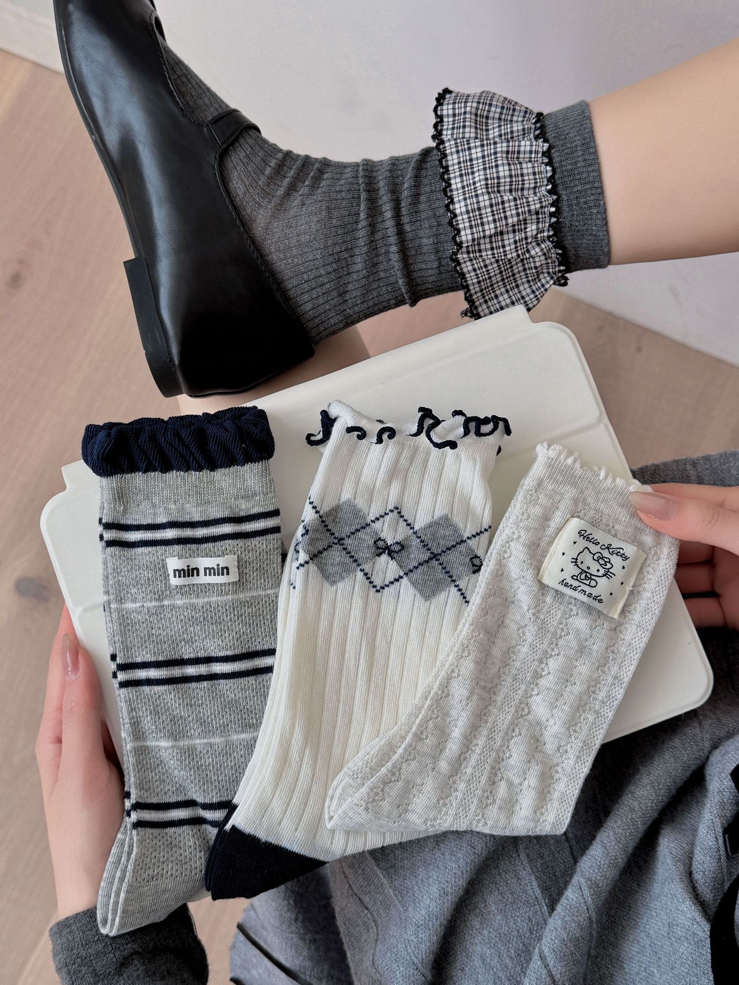 Vintage Preppy Ribbed Cotton Ruffle Trim Crew Socks For Cute Everyday Outfits Detail View 2