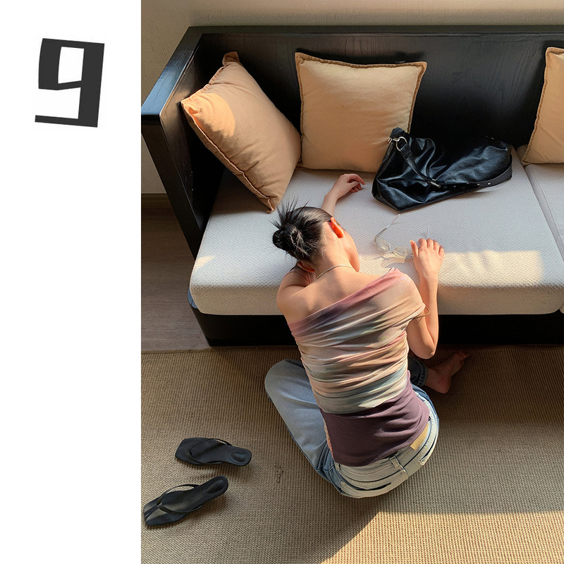 [9hour] niche design sense dizzy t-shirt women's 2025 spring irregular oblique shoulder mesh jacket m11270