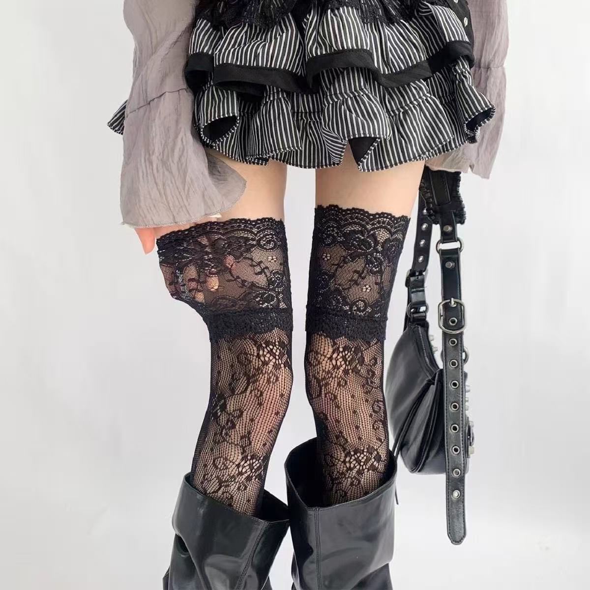 Cross Lace Stockings, Retro Lace Over-The-Knee Garter Stockings, Thin Dark Gothic Style Over-The-Knee Fishnet Stockings