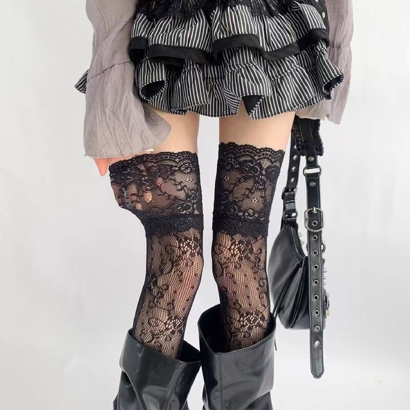 Cross Lace Stockings, Retro Lace Over-The-Knee Garter Stockings, Thin Dark Gothic Style Over-The-Knee Fishnet Stockings