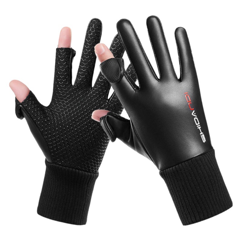 Winter men's warm velvet leather gloves waterproof windproof cold riding driving flip fishing take-out two fingers