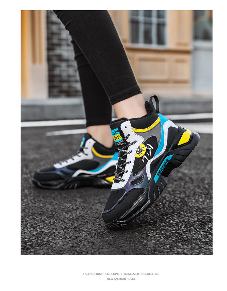Giày sneaker cao cổ phối màu, lót nhung giữ ấm, đế cao su, dây buộc — 9013 Mẫu giày đơn Bai Lanyue, 9013 mẫu giày đơn màu đen và vàng, 9013 mẫu giày đơn màu đen xám, 9013-1 cộng với nhung trắng đen xám chi tiết 25