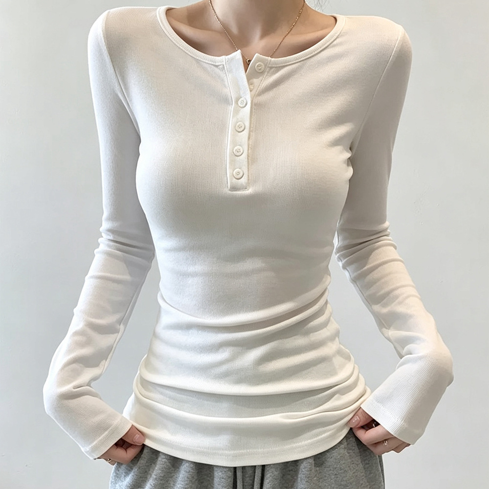 辣妹正肩打底衫女春秋冬半开领纽扣修身甜辣内搭上衣简约长袖T恤
