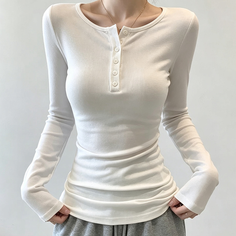 Trendy women's long-sleeve T-shirt with half-open collar and buttons, slim fit, suitable for spring, autumn, and winter, simple and stylish Trendy women's long-sleeve T-shirt with half-open collar and buttons, slim fit, suitable for spring, autumn, and winter, simple and stylish