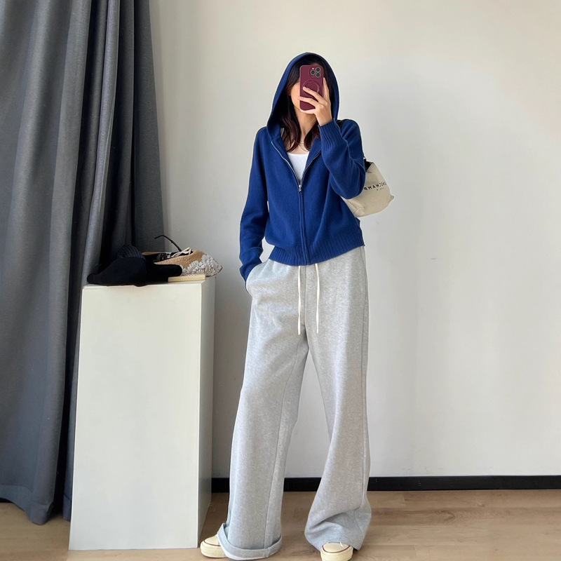 25 New Autumn and Winter Royal Blue Wool Hooded Knitted Cardigan + Lace Terry Casual Sports Pants Suit