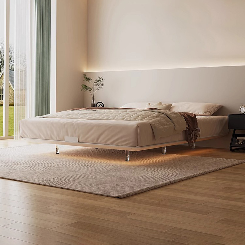 Diseñador marco de cama de acero al carbono blanco dormitorio de apartamento pequeño cama sin cabeza cama flotante sin respaldo