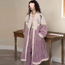 秋冬新款新中式睡衣女士法兰绒加厚长款睡袍开衫保暖家居服