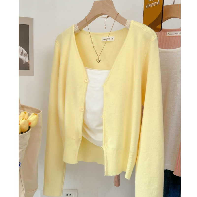 Cream Yellow Knitted Cardigan Women's 2025 Early Spring New Slim-fit All-match Thin Simple Short Top Sweater Coat