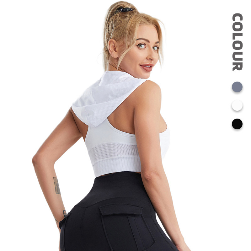 Cross-Border Hooded Sports Vest for Women, Summer Quick-Drying Breathable Fitness Clothing for Outdoor Training, Running, and Yoga