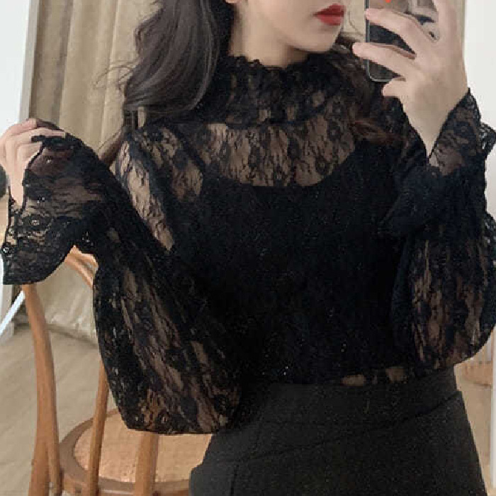 Black Long-Sleeved Sexy Hot Girl Lace Bottoming Shirt Women's High-Neck See-Through Mesh Top Hollow Fairy Chiffon Shirt