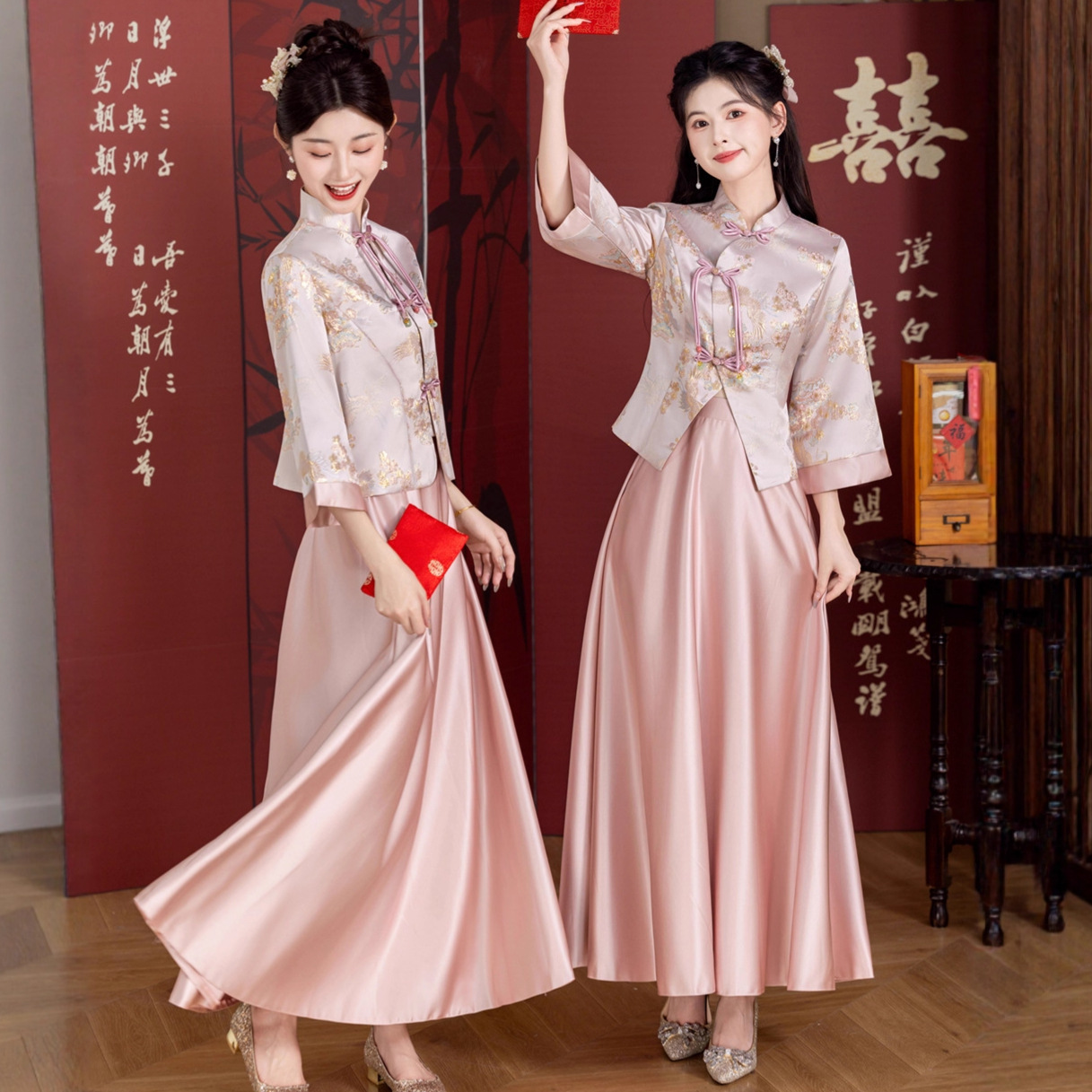 New Chinese Style Bridesmaid Dress Xiuhe Suit Pink Chinese Style Cheongsam Sister Group Dress Niche High-End