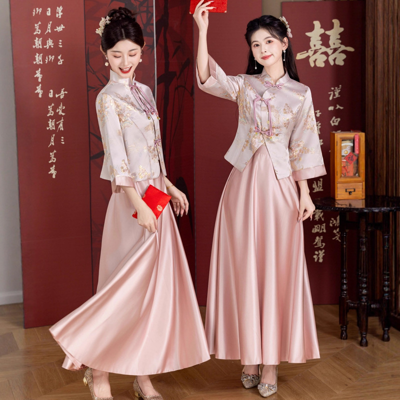 New Chinese Style Bridesmaid Dress Xiuhe Suit Pink Chinese Style Cheongsam Sister Group Dress Niche High-End