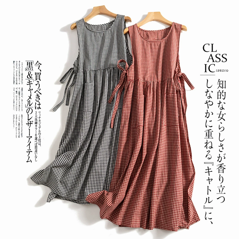 Настоящее фото многослойного платья-жилета в японском стиле, японской рабочей одежды, клетчатой ​​верхней юбки из хлопка и льна с бретелями, длинного платья без рукавов.