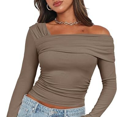 Amazon Hot Sale Darong Women's Shoulder Long Sleeve Top Pleated Out Top Slim Y2K Shirt
