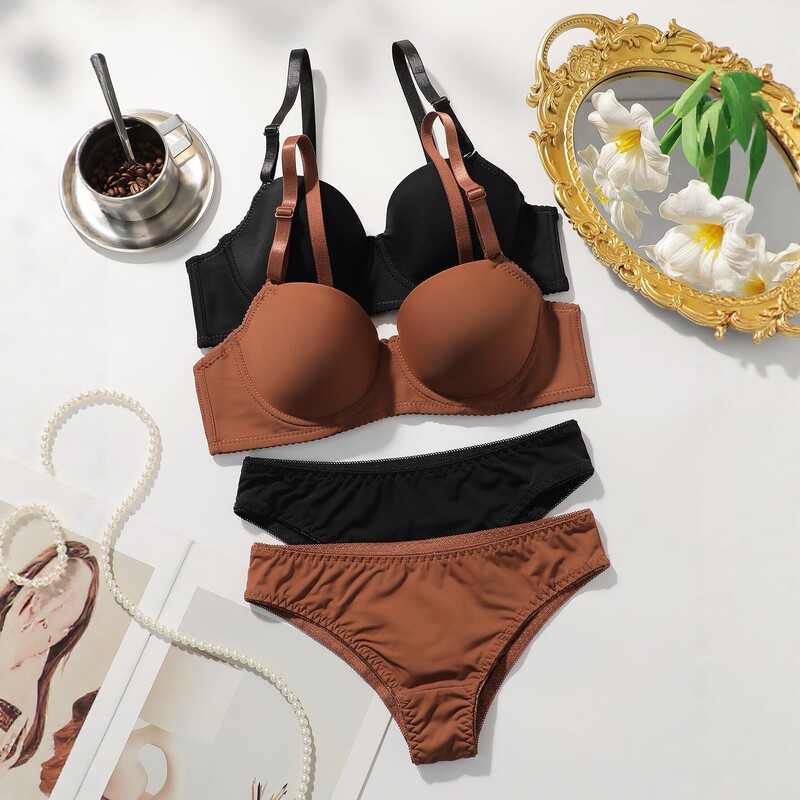 Cross-border push-up comfortable bra set in brown and black with underwire molded cups, underwear and panties, cross-border wholesale TK AliExpress