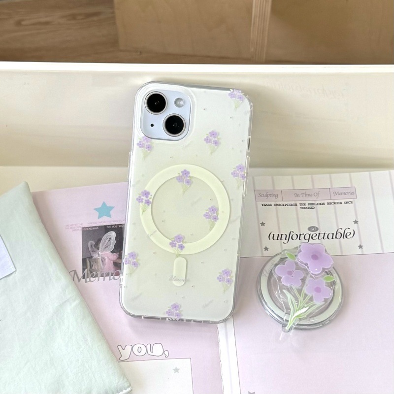 Flores moradas literarias frescas 16ProMax soporte magnético 13 funda para teléfono móvil apple 14 iphone15 femenino