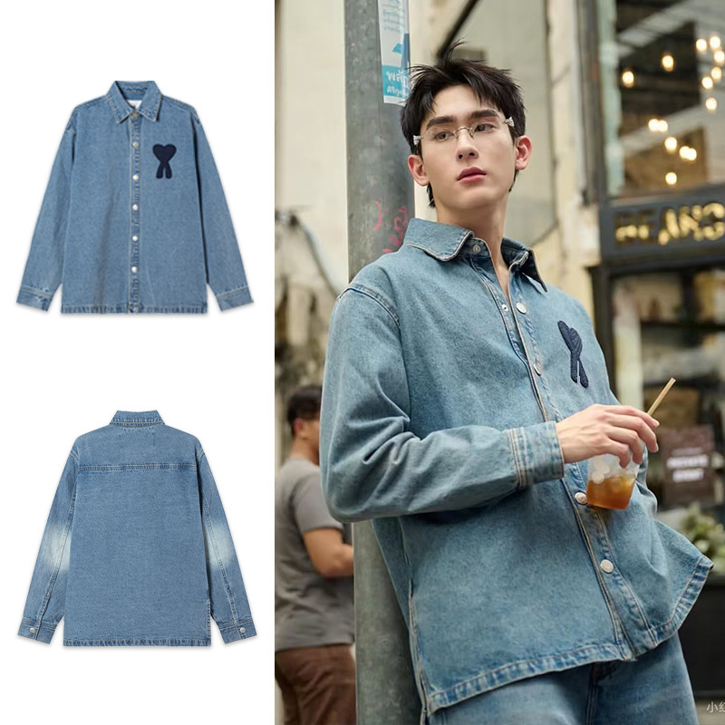 Ami Denim Cardigan 25 Autumn and Winter New Woven Heart Embroidered Long-Sleeved Denim Blue Loose Casual Lapel Jacket