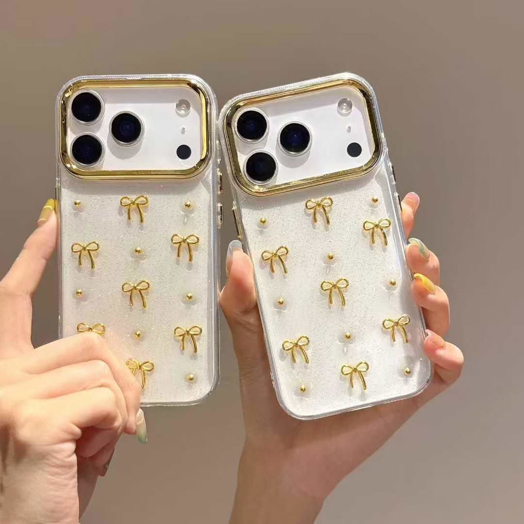 立体滴胶金色蝴蝶结爱心iPhone17promax手机壳适用苹果16闪粉15透