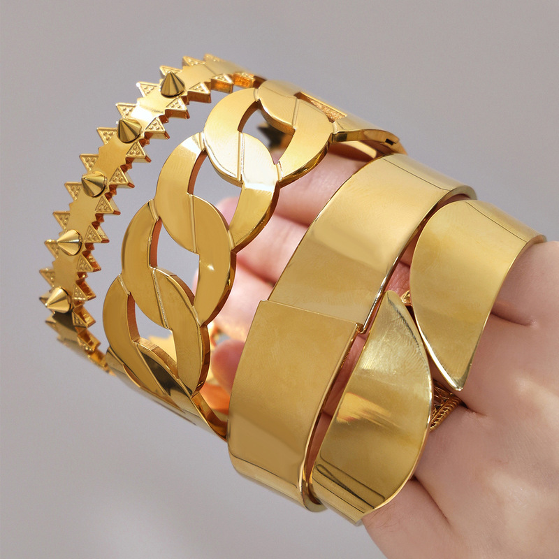 Stainless Steel Rivet Triangle Buckle Bracelet, Ins-Style Exaggerated Wide Band Bracelet Set, Plated with 18K Real Gold, European and American Jewelry Stainless Steel Rivet Triangle Buckle Bracelet, Ins-Style Exaggerated Wide Band Bracelet Set, Plated with 18K Real Gold, European and American Jewelry