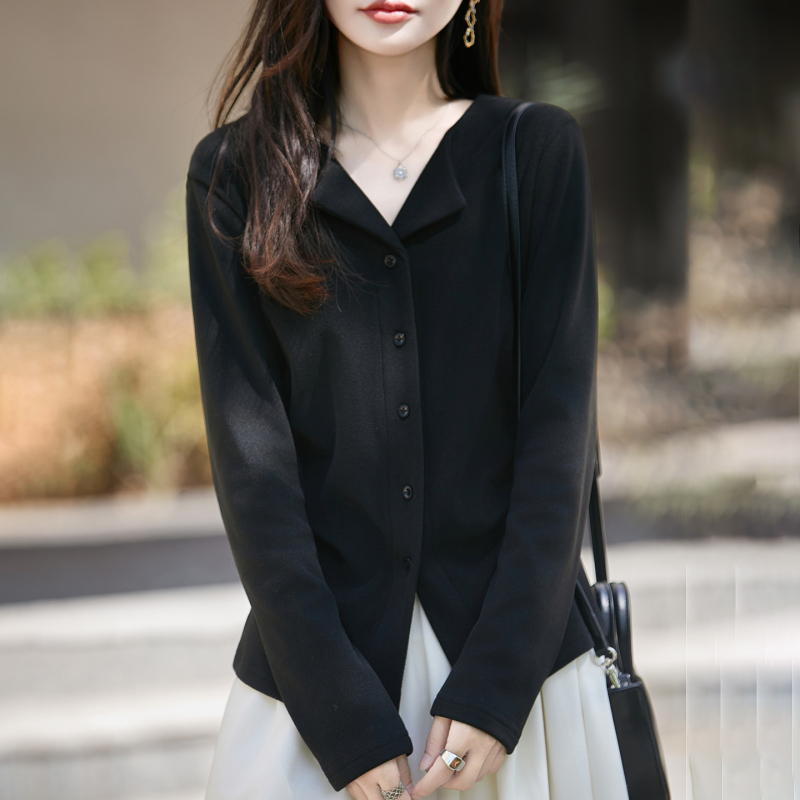 气质优雅磨毛绒面翻领休闲衬衣小衫女25秋冬保暖蓄热打底显瘦上衣|undefined