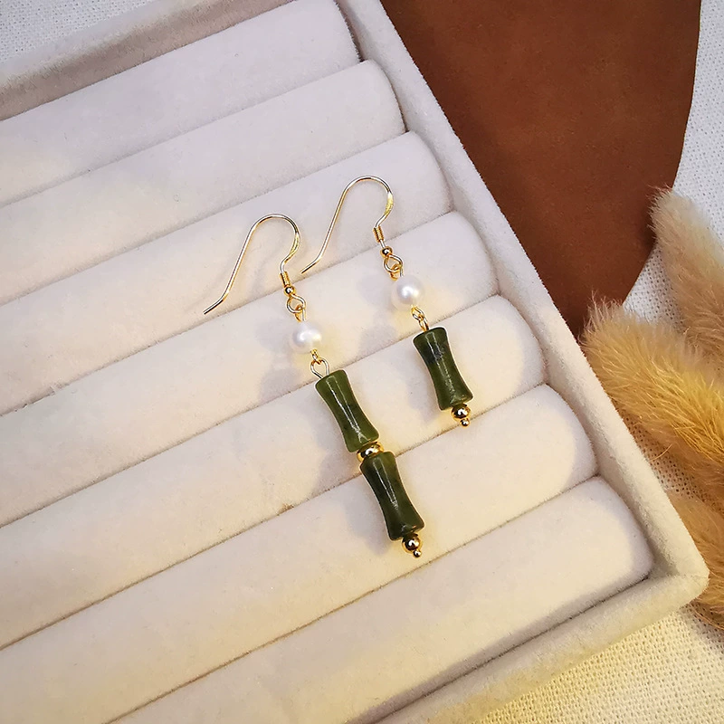 925 Silver Olive Jade Bamboo Sexual Ear Hook Chinese Wind New Chinese Bamboo Ear Hook Natural Olive Jade Advanced