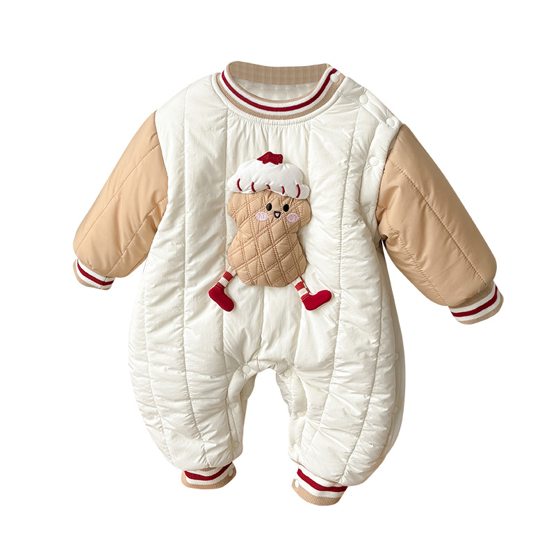 2024 nuevo invierno bebé coreano de dibujos animados lindo maní grueso cálido y cómodo abrigo de algodón de una pieza para bebé suave