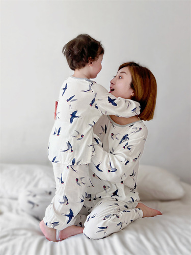 Parent-child home wear bamboo cotton gauze long-sleeved trousers suit four seasons spring and summer air-conditioned room pajamas and pajamas