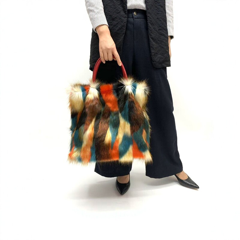 European and American style colorful patchwork faux fur tote bag, autumn/winter retro color-blocked fur handbag, women's cross-border handbag