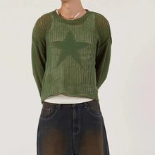 2022秋季新款亚马逊欧美女装时尚五角星镂空毛衣宽松休闲针织衫