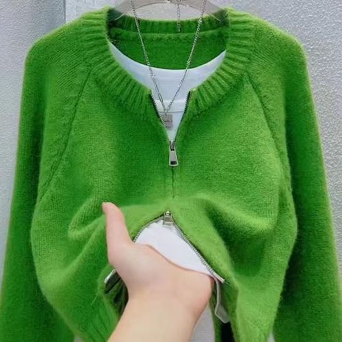Lazy Feeling Solid Color Short Cardigan Jacket for Women Autumn Korean Style Loose Lazy Outerwear Zipper Knit Top
