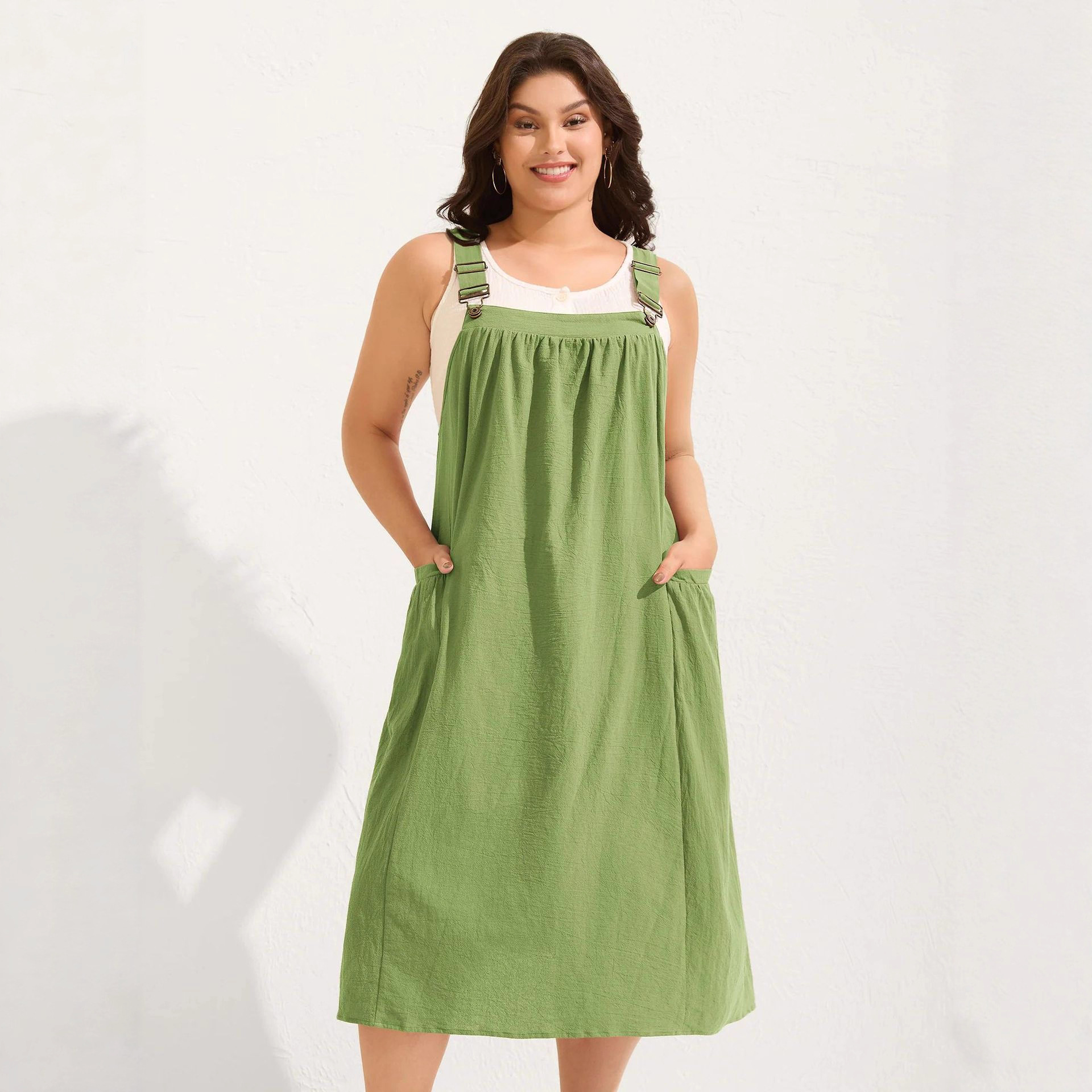 Cross-Border European and American Plus-Size Women's Clothing Loose Slimming Pure Cotton Casual Pleated Pocket Mid-Length Suspender Dress