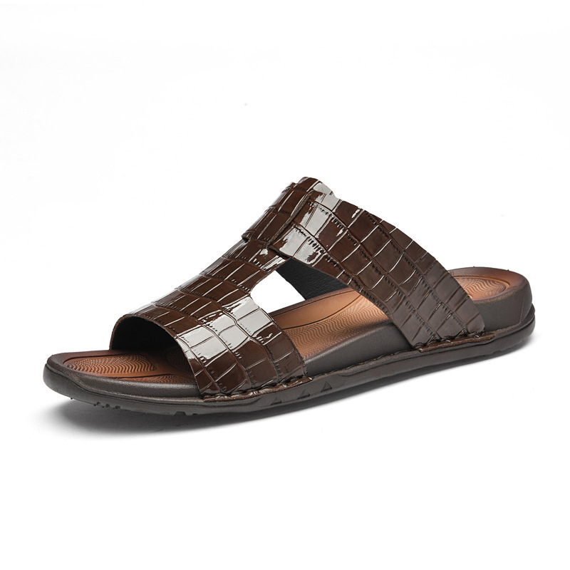 Men's Summer Sandals, Leather Embossed Plaid Crocodile Pattern Flat Open-Toe Slip-On Sandals Men's Summer Sandals, Leather Embossed Plaid Crocodile Pattern Flat Open-Toe Slip-On Sandals