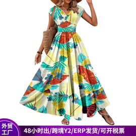 跨境2026欧美女装气质V领连衣裙女夏高级感3D印花收腰长裙大裙摆