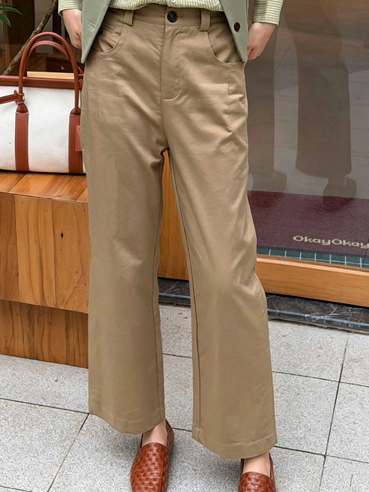 Quần dài ống rộng lưng bán co giãn màu kaki phong cách tối giản — Màu kaki