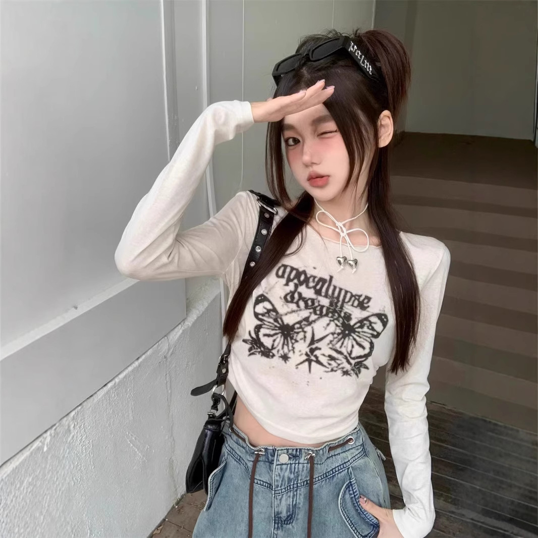 美式复古蝴蝶印花长袖T恤女早秋季新款抽绳宽松打底衫薄款上衣ins