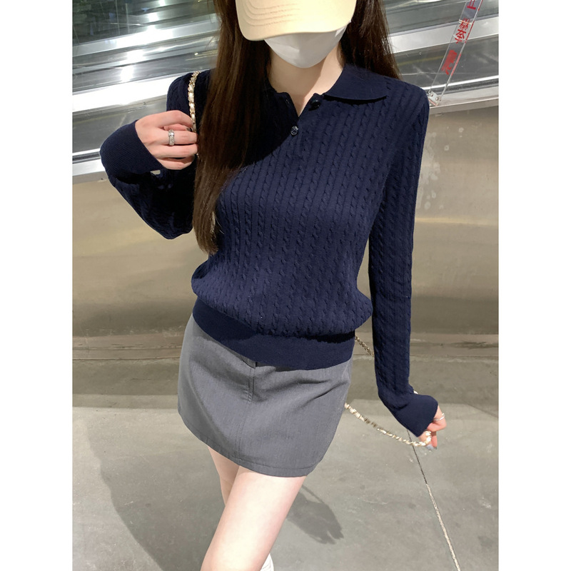 2025秋季韩版气质减龄polo领麻花纽扣正肩针织衫长袖上衣女装新款|undefined