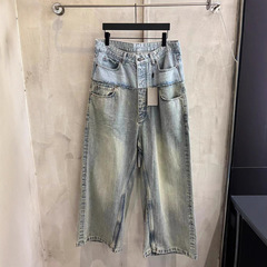 高版本现货巴黎B家24新款拼接皮牌街潮百搭牛仔裤宽松版型中性款