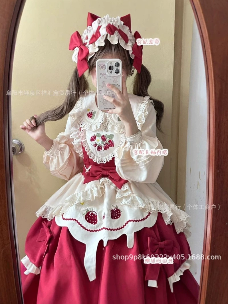 Lolita JSK (Genuine design) cute strawberry print, pastel bows, sizes S–XL