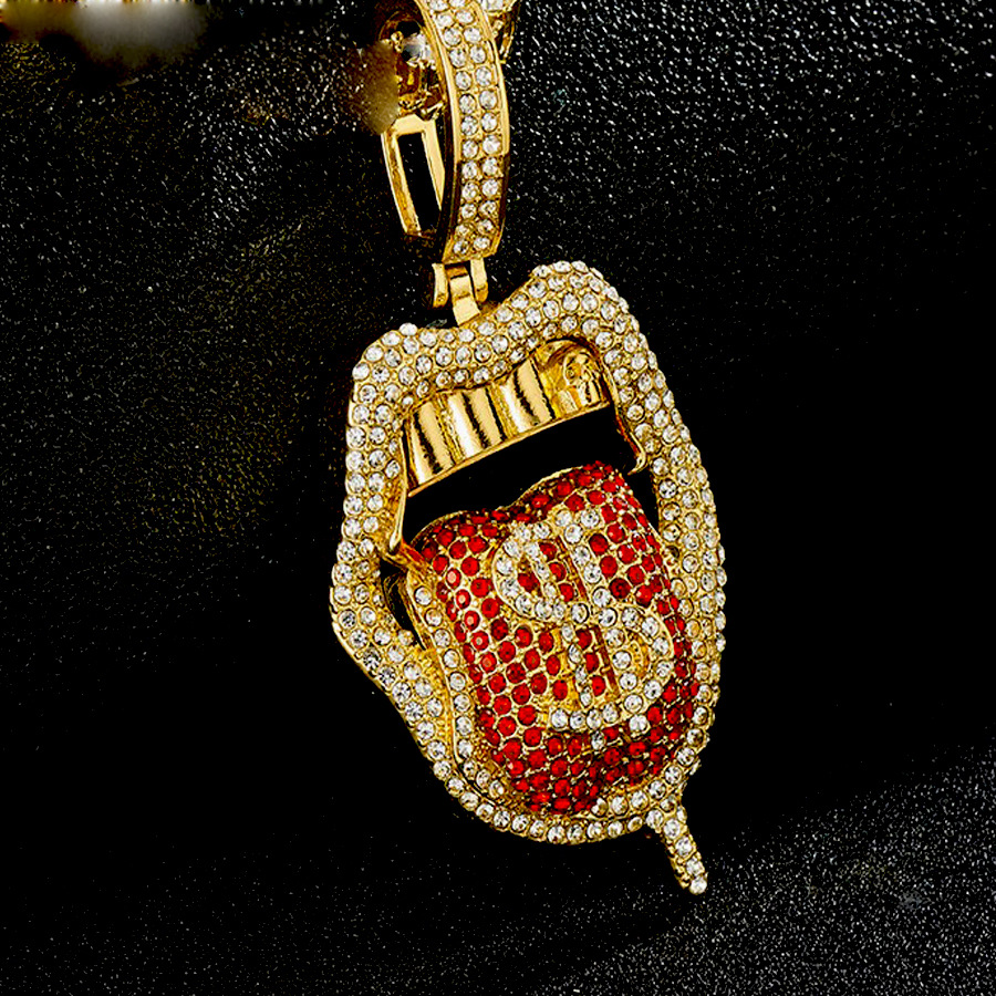 Cross-border ins extraño diamante tridimensional de color Hip-Hop europeo y americano escupir lengua collar de esqueleto collar de diamante collar de cadena de clavícula cubana