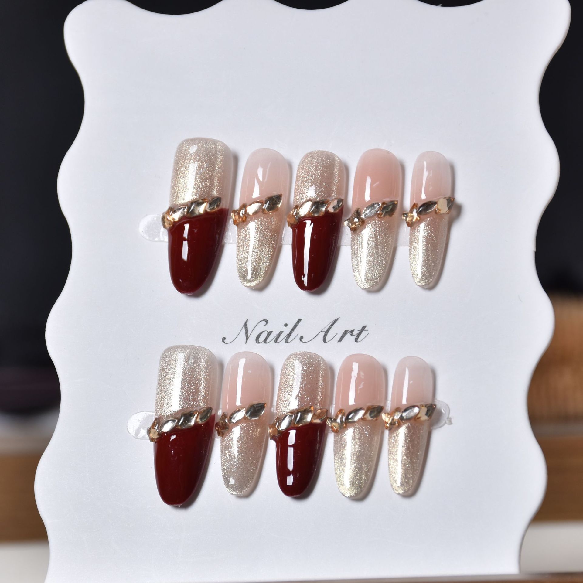 Manual puro francés ojo de gato usar manicure parche de uñas acabado vino rojo oro blanqueador parche de uñas blanqueador brillante