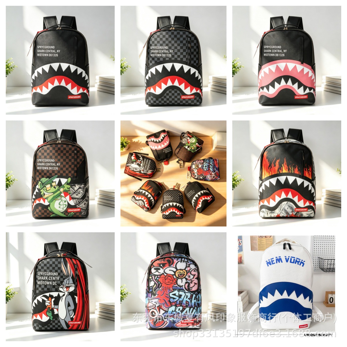 26SS New Cross-Border Trendy Brand SG Shark Backpack Graffiti PU Leather Street Style Backpack Casual Travel Bag