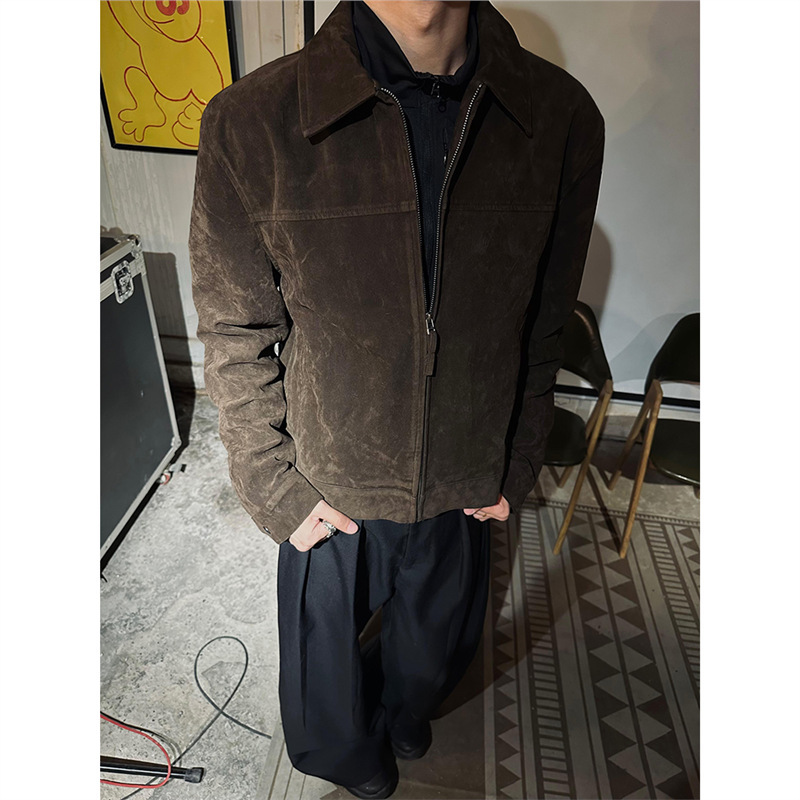深棕色美式复古短款外套男款春季高级感痞帅cleanfit正肩翻领夹克|undefined
