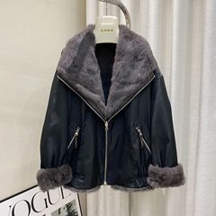 抖音爆款整皮兔毛皮毛一体双面穿皮草外套女短款派克服翻领拉链款