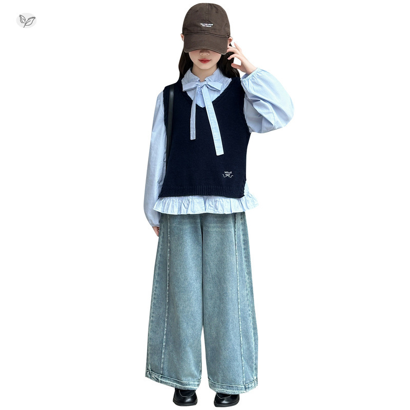 女童牛仔裤套装2025秋季新款开叉毛线马甲衬衫阔腿裤直筒裤三件套|undefined